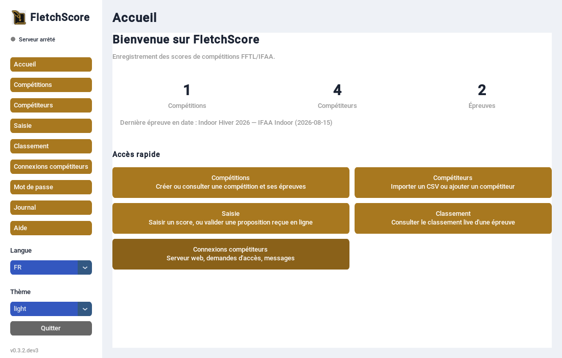 Écran d'accueil de FletchScore, avec le résumé chiffré et les raccourcis