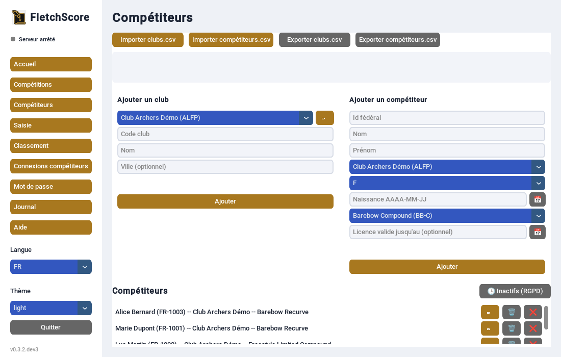 Écran Compétiteurs, formulaires d'ajout et liste des compétiteurs
