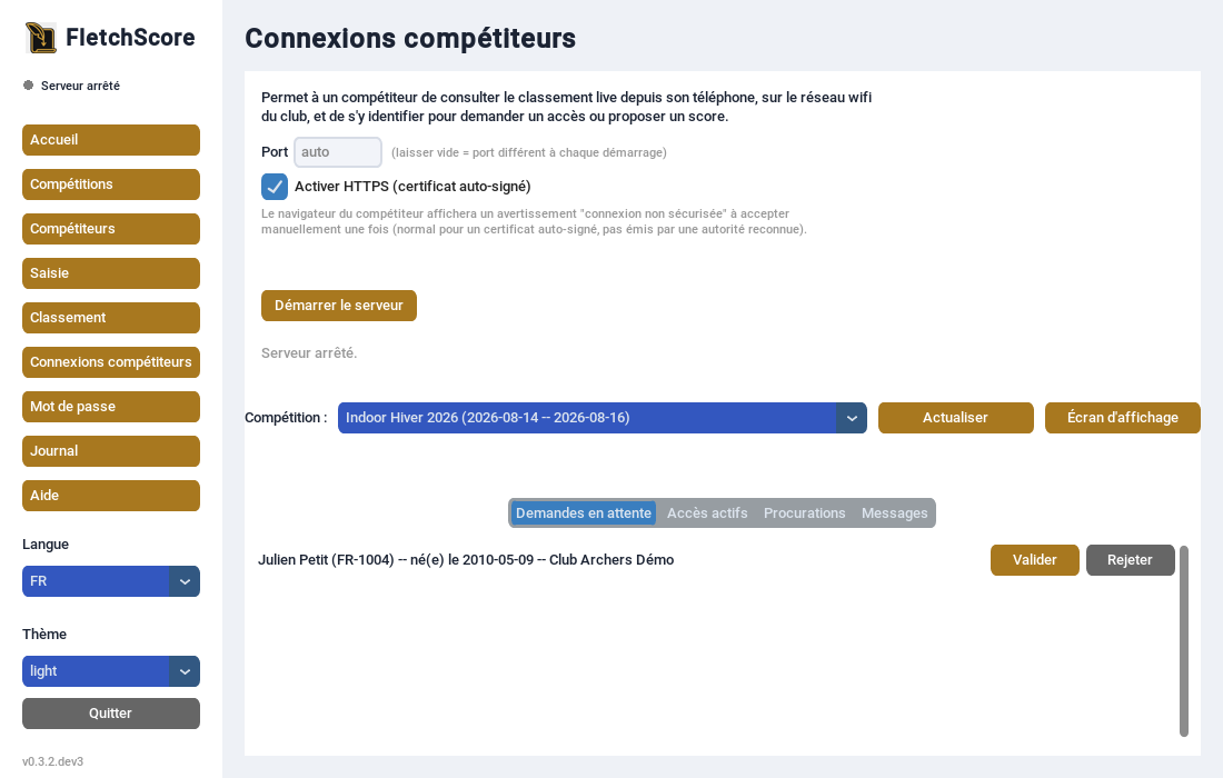 Écran Connexions compétiteurs, onglet Demandes en attente